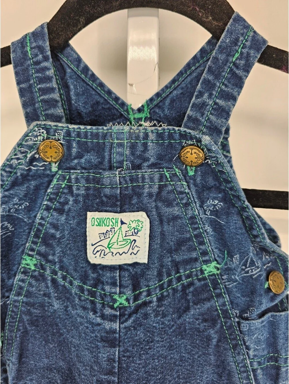 Vtg 1980s 3/6 M Oshkosh B'Gosh Vestbak Blue Denim Sailing Boat Themed Overalls